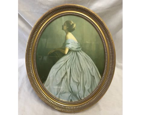 Oval gilt framed print. Portrait of a lady in a blue dress. Print size 39cm x 49cm.Condition ReportGood condition, no noticea