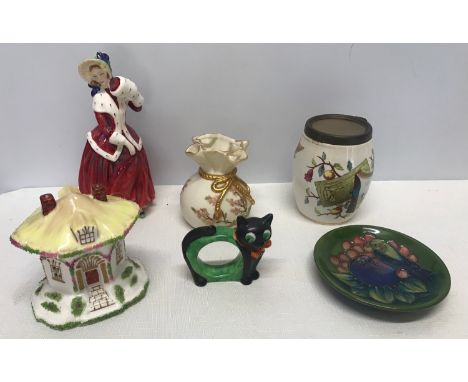 A mixed selection to include a Royal Doulton figurine Christmas Morn HN1992, 18cms h, a Royal Worcester string bag vase 9.5cm