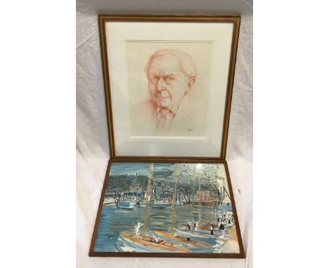 Framed water colour print of a Continental Harbour scene signed Rhaul Dufy 40cms h x 49cms w and a pencil drawing portrait of