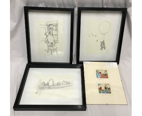 Winnie the pooh three pencil sketch prints framed approx 38cms h x 30cms w and two small mounted prints of Rupert the Bear, m