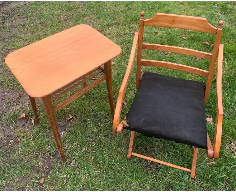 A beechwood framed folding chair and a teak side table with undershelf. Chair height to seat 38cms, height to back 67cms, wid