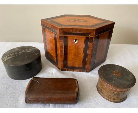 Various boxes to include 19thC crossbanded and inlaid tea caddy, lacquer box, leather case etc.Condition ReportLozenge box, b