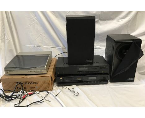 HiFi separates system. Technics SL.5 turntable, Sherwood TD1121 tuner, Sansui CD XIII and a pair of Mission speakers. With re