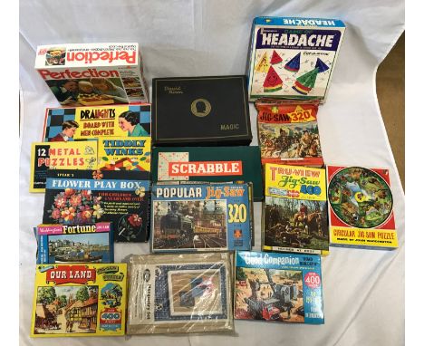Board games and jigsaws collection, including David Dixon Magic, Perfection, Headache, Scrabble, Draughts, Marquetry set, var