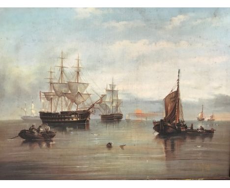 Framed print on canvas of a Coastal scene with sailing ships and fishing boat on calm water. painting size 30cms h x 30cms w.