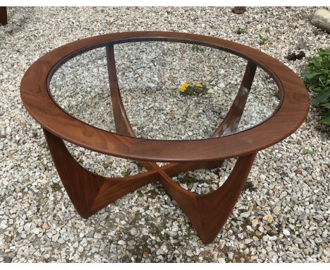 G-Plan Teak wood circular coffee table with glass top. 84cms d x 46cms h.Condition ReportMinor water marks to top and light s