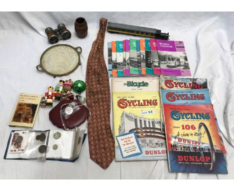 Mixed lot to include cycling and modern Tramway magazines, House of Lords silk tie, Christmas decorations, world coinage, lac