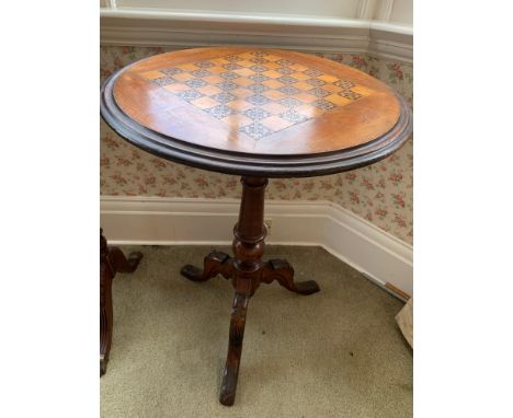 A 19thC mahogany tripod table with inlaid games board to top. 54 d x 70cms h.Condition ReportSlight veneer loss and lifting t