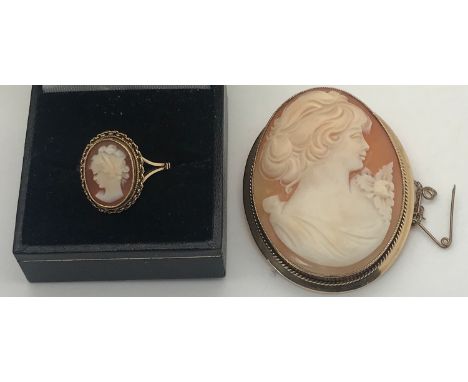 A shell cameo brooch mounted in 9ct gold with safety chain 5cms x 4cms together with a shell cameo ring set in 9ct gold, size