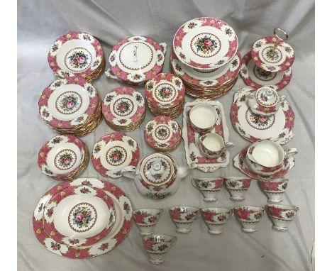 Royal Albert Lady Carlyle tea and dinner ware. Pink ground floral design with gilt border. 129 pieces.Condition ReportTeapot 