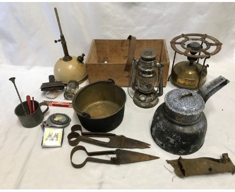 Small brass jam pan, Tilley lamp, Valor stove, grey enamel double pan set, paraffin lamp, AA and St Christopher grill badges,