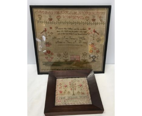 Two framed early C19th needlework samplers. One large 42cm x 42cm "Mary Ann Garner's Work" aged 14, 1843 and a smaller sample