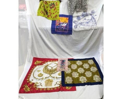 Selection of seven silk and cotton scarfs, two Jacqmar, one ken dome print of Sydney, one Seta Pura, one Nantucket USA and ot