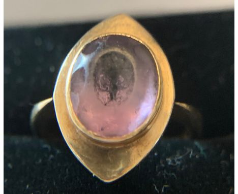 A 9ct gold and amethyst set ladies dress ring. Size L. 3gms.Condition ReportGood condition.