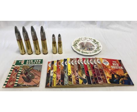 A mixed lot to include 17 x War Picture comics, 2 x Air Sea Rescue comics, 4 x 30mm Cannon shells, 2 x 20mm Cannon shells and