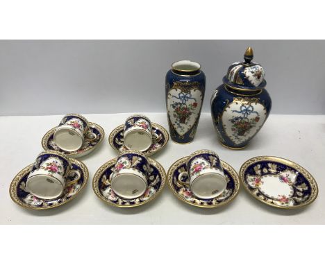 A Cauldron Ltd floral and gilt painted part tea set to include 5 cups 5.5cms h, 6 saucers 11cms d, an Aynsley lidded vase 19c