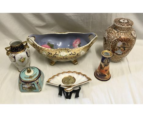 A selection of Japanese  ceramics to include a Noritake rose pattern bowl 33cms x 21cms, a white vase 14.5cms h, a lidded bow