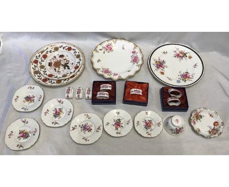 Royal Crown Derby selection. Decorative plates including a Royal Pinxton Roses 26cm d, three other plates, 4 side plates 13cm