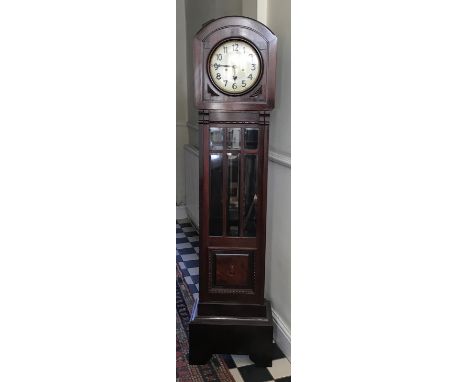 A mahogany longcase clock with a bevelled glass panel door. 180cm h x 45cm w x 27cm d. Dial is 22cm w.Condition ReportVery go