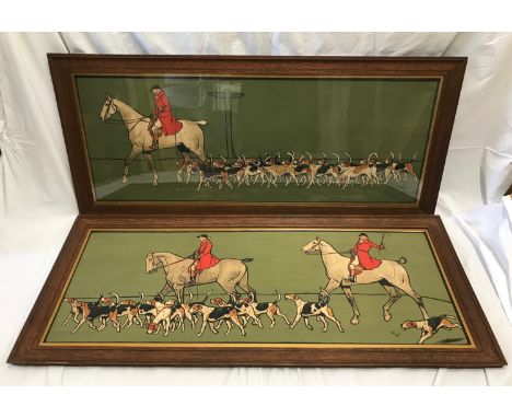 A pair of oak framed Cecil Aldin colour prints of Hunting scenes. Print 38cms x 101cms. Frame 5cms d.Condition ReportOne miss