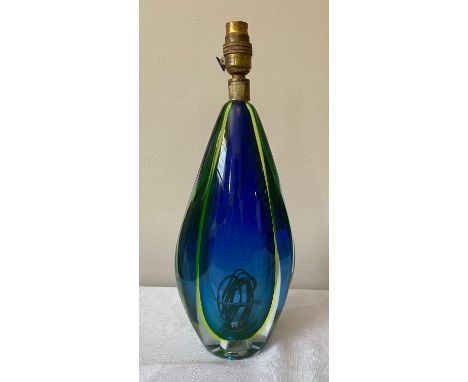 An Arte Nuova venetian Murano Sommerso glass table lamp with blue glass encased in uranium yellow and green glass, further en