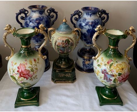 Two pairs of 19thC ceramic vases plus one single twin handled transfer printed vase. Blue and white vases 42cms h.Condition R