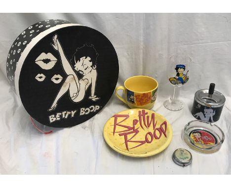 Betty Boop collectables, Hatbox 30.5cm d x 13cm h, large cup and saucer, drinking glass 18.5cms, glass ashtray 11cms d, pop d