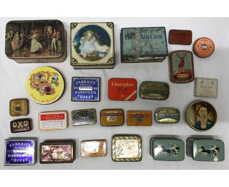 A collection of vintage enamel tins to include a complete First Aid tin with bandages etc, noddy circular tin, throat lozenge