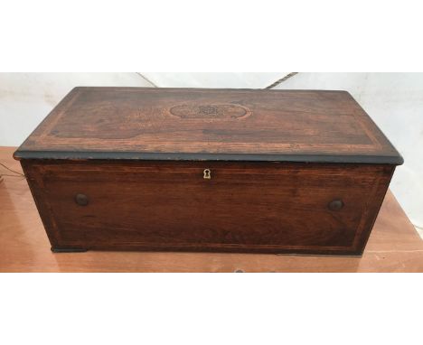 A Victorian inlaid mahogany cylinder music box. Made in Geneve. Approx. 67cms w x 32cms d x 25cms h.Condition ReportWarp to l