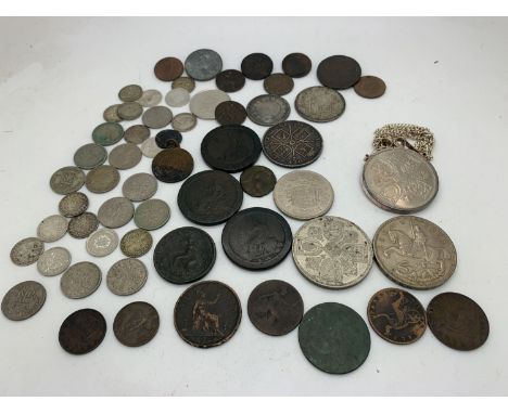 British coinage including John Wilkinson Iron Master 1790 token, 1797 cartwheel pennies, 1935 crown, 1889 crown, Roman coin, 