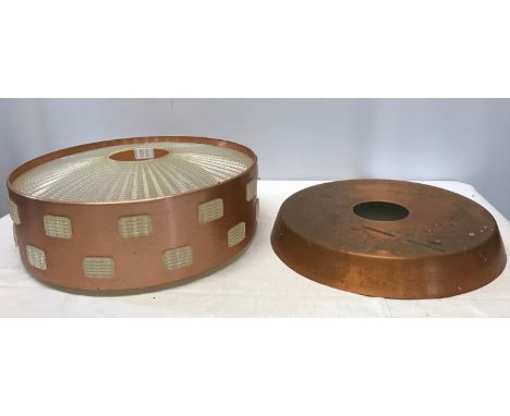 A copper coloured retro ceiling light pendant c1960-70, maker unknown with texture clear plastic top and base and patterned t