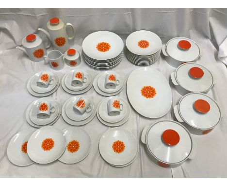 Thomas Germany orange floral patterned tea and dinner wear to include 27 piece tea set, teapot, coffee pot, 6 x cups, 6 x sau