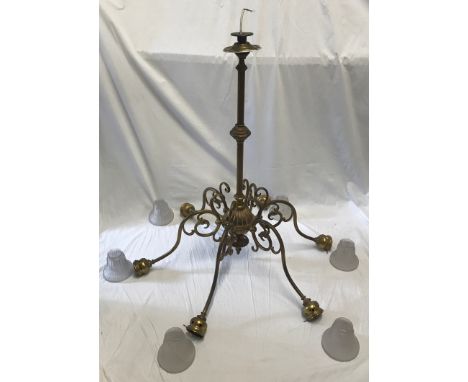 Large six branch ceiling light fitting with decorative scroll branches. Width without shades 82cms x drop 86cms.Condition Rep