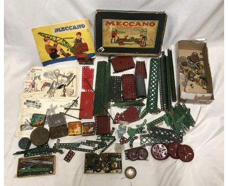 Meccano collection, accessory  outfit, 2A box, instruction booklets, Meccano screws tins, playworn red and green plates, tool