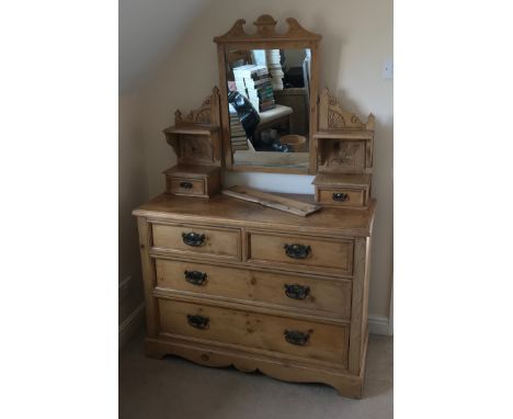 Pine dressing chest with 2 over 2 drawers and Art Nouveau handles. 105cms w chest height 77cms, overall height 160cms.Conditi
