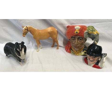 A pottery selection to include a Beswick light brown horse 16.5cms , a Beswick black and white Collie Dog 13.5cms, and two Ro