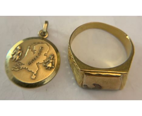 A yellow metal signet ring and a charm of Holland, both test as 14ct gold. Total 6.1gms.Condition ReportRing slightly misshap