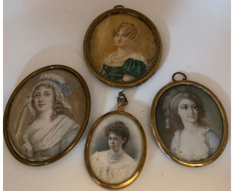 Four portrait miniatures of ladies of distinction&nbsp;on ivory. One signed Ricard. Largest 8cms x 6cms.Condition ReportWear 