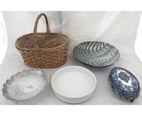 Two modern glass bowls with grey colouring 41cm and 29cm, a white ceramic bowl 30cm, a blue and white Royal Staffordshire tur