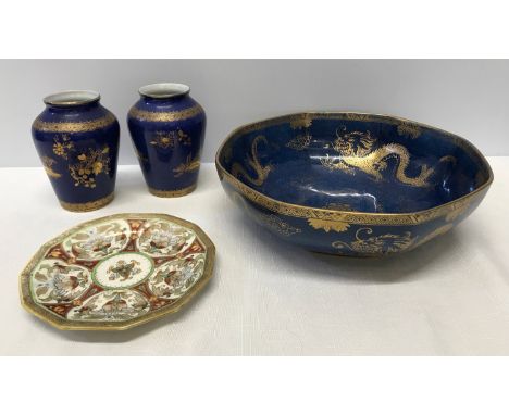A pair of Wilton Ware small blue ground gilded pattern vases, 12.5cm h, a Wilton blue ground gilt dragon pattern bowl 25.5cm 