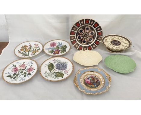 A selection of decorative plates to include Royal Crown Derby Imari 27cm, four Spode Garden Flowers 24cm, Minton gilt pedesta