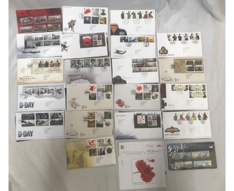 A collection of 21 Royal Mail first day covers of War and military themed including Great War, D-day, Waterloo, and British A