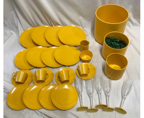 Melaware yellow four place tea or dinner set, 4 dinner plates 25cms, small plates 21.5cms, 4 cups and saucers, 4 side plates,