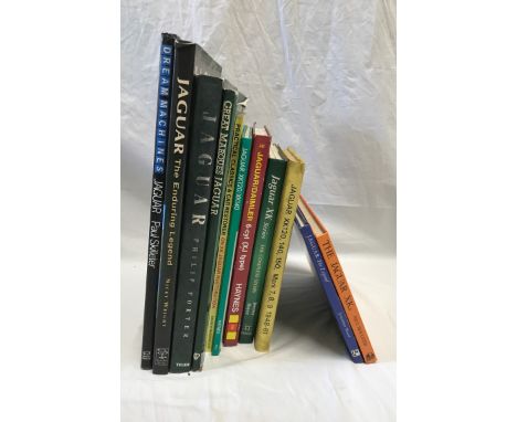 A collection of 12 books relating to Jaguar Cars motoring to include a Jaguar Maintenance Vouchers book, Autobook, owners wor