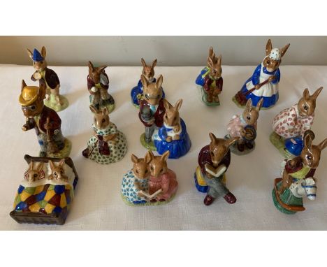 Fourteen Royal Doulton Bunnykins figures to include Storytime, Tally Ho, Sleepytime, Grandpa's Story, Busy Needles, Autumn da