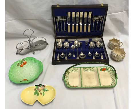 A mixed lot to include Carlton ware salad design plate and yellow leaf dish, a Ceramic serving plate of a basket design, meta