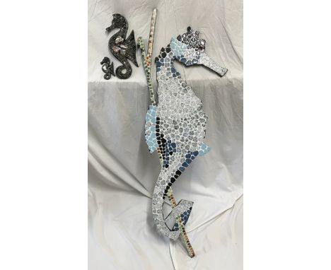 A large wall mounted mosaic seahorse 117cms h together with two small Shellart seahorse figures 29cms and 11cms h.Condition R