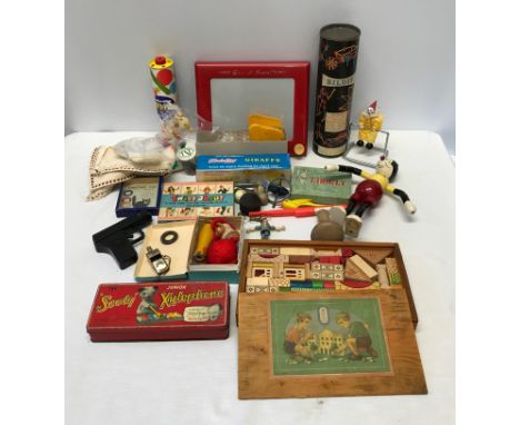 Selection of vintage toys, Sooty Xylophone tin, wooden building set, wooden Sweden bendy toy mouse, Etch a Sketch, Ringtail C