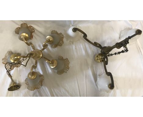 Two brass ceiling light fittings, one with 3 branches and white glass shades approx 52cms w x 80cms drop including chain and 