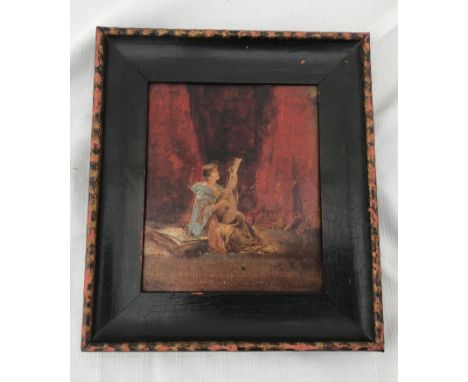 A small framed oil painting on wood panel of a portrait of a lady playing a mandolin. Signed bottom right J Allan. Board size